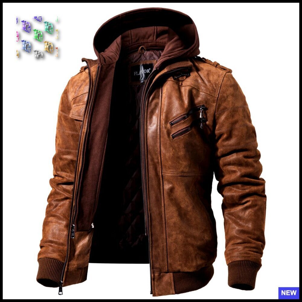 Men's Leather Motorcycle Jacket Removable Hood Classic Retro Aviator Style